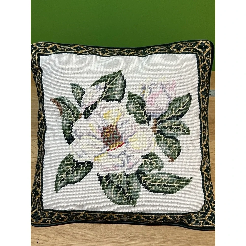 Needlepoint Magnolia & Dogwood Floral Pillow Green Velvet Backing-Set 2 Vintage